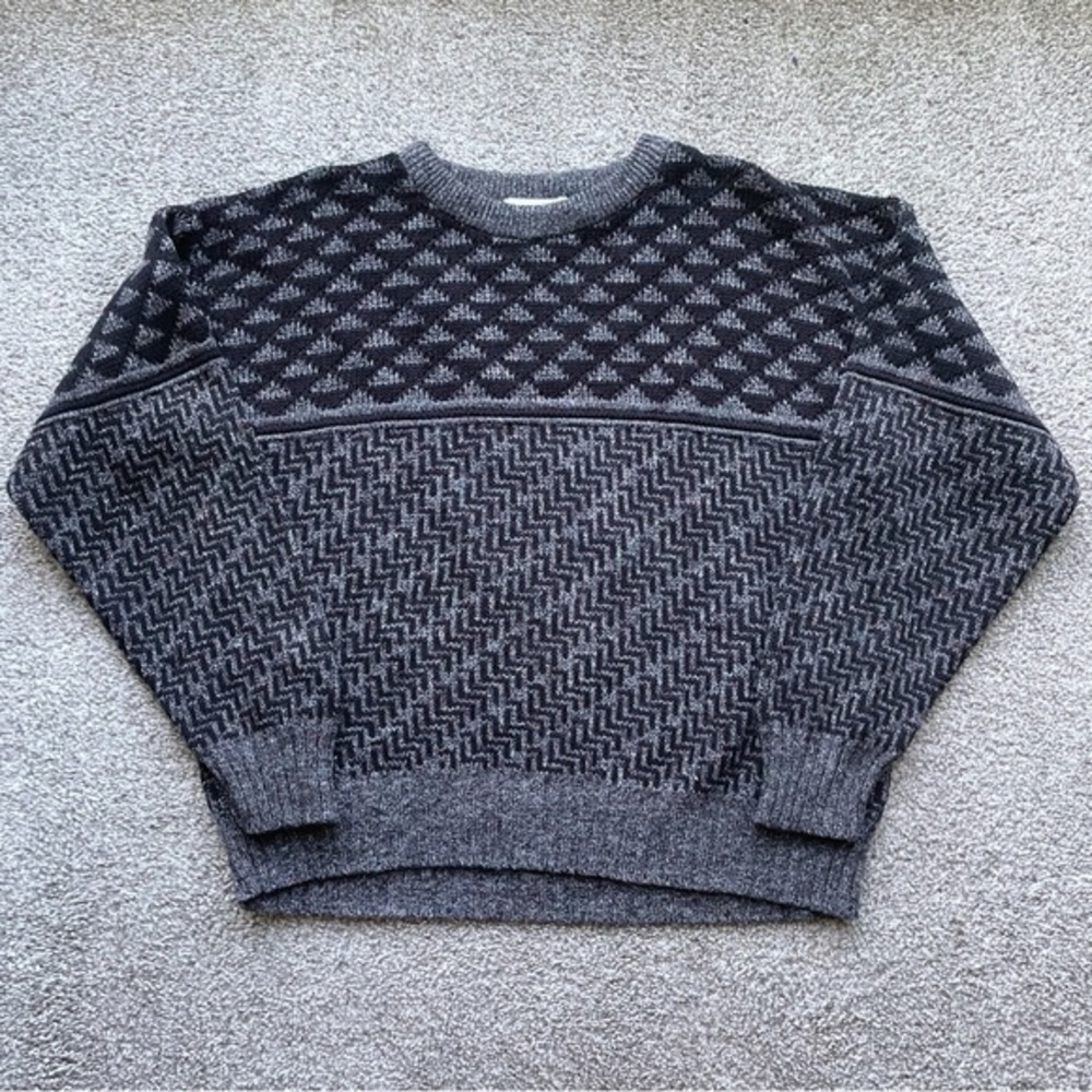 Checkpoint Grandpa Sweater men’s Medium Black/ Gray Mix Print Knit Oversized